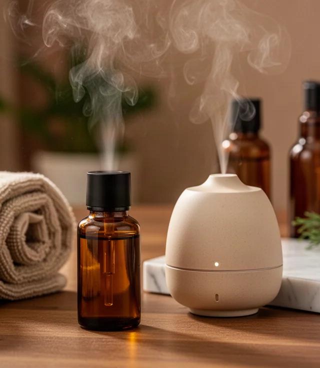 Yoga con aceites esenciales y difusor en casa