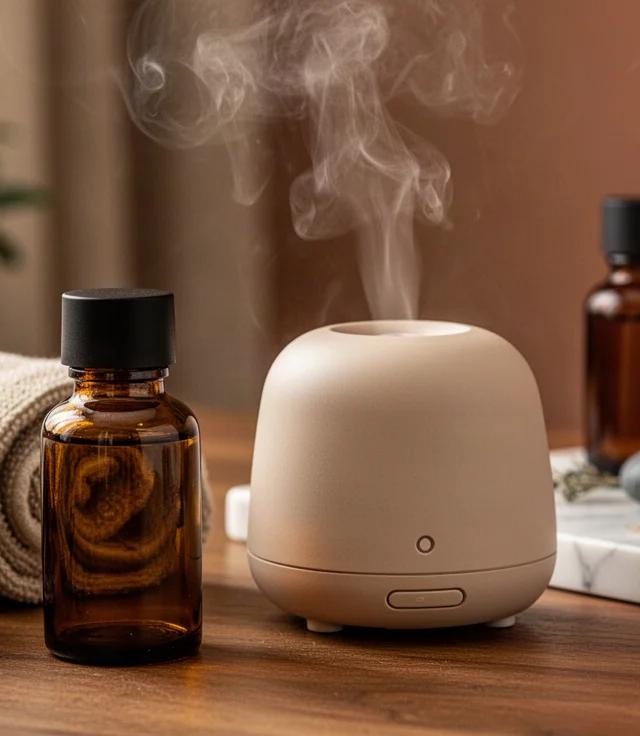 Yoga met etherische oliën en diffuser voor thuis